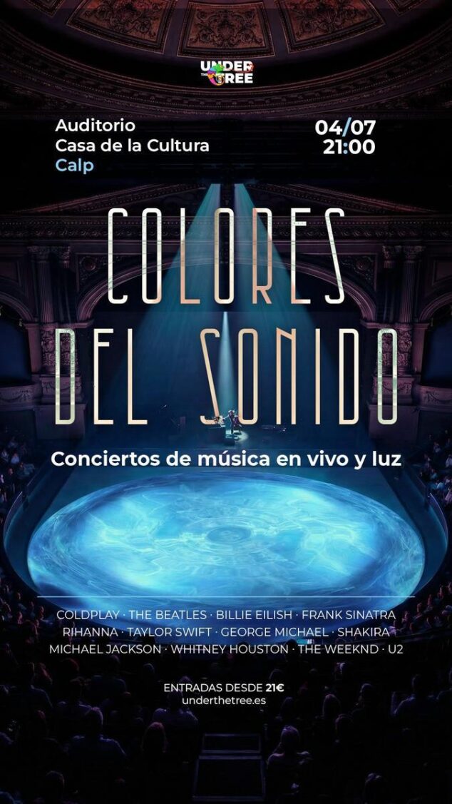 Imagen: Cartel del concierto 'Colores del Sonido' en el Auditorio de Calp, con información sobre fechas, artistas y entradas sobre un fondo azul de un escenario iluminado.