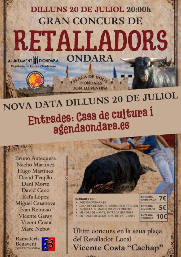 Imagen: Cartel del concurso de recortadores en Ondara el lunes 20 de julio.