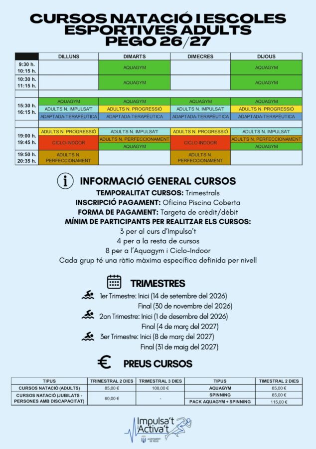 Pego lanza «Impulsa't i Activa't», una renovada oferta deportiva para la temporada 2026/2027 9 Flyer informativo cursos natación y deporte adultos Pego 26/27.