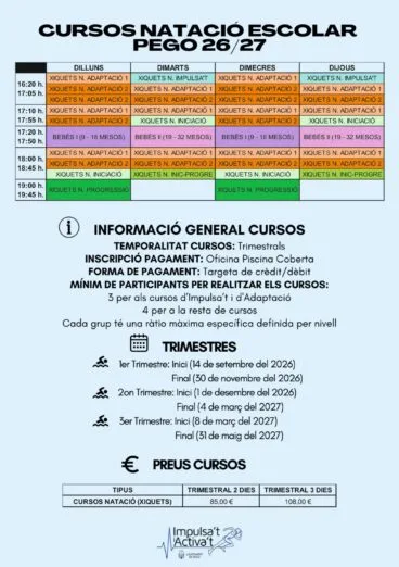 Cartel informativo Cursos Natació Escolar Pego 26/27