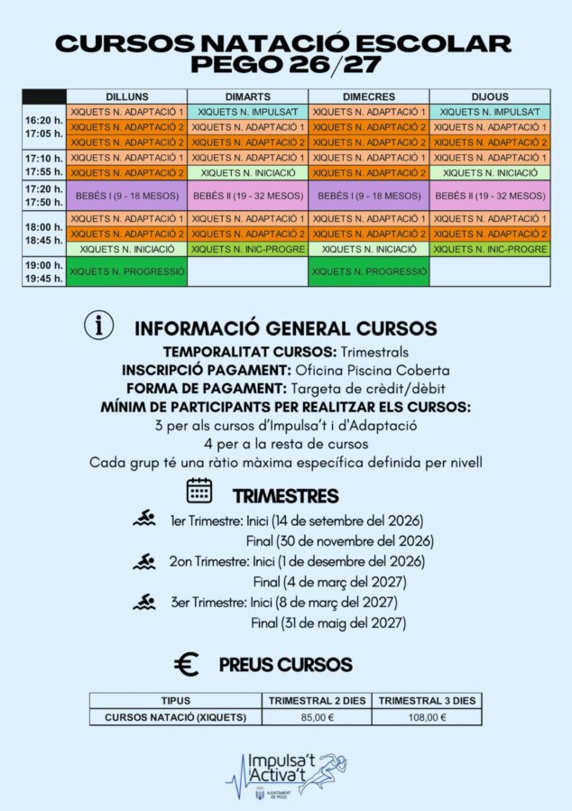 Pego lanza «Impulsa't i Activa't», una renovada oferta deportiva para la temporada 2026/2027 8 Cartel con la información de los cursos de natación escolar de Pego 26/27.