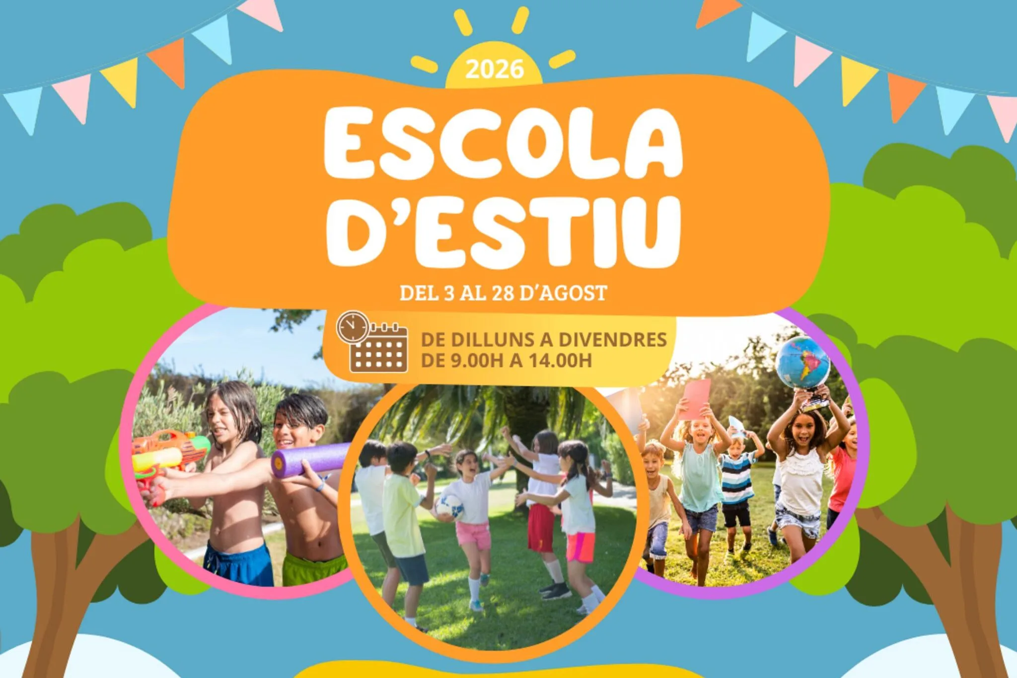 Cartel promocional de la Escuela de Verano 2026 de Teulada con información sobre inscripciones, horarios y precios.