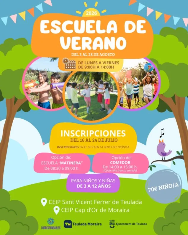Imagen: Cartel con información sobre la Escuela de Verano 2026 en Teulada y Moraira para niños de 3 a 12 años.