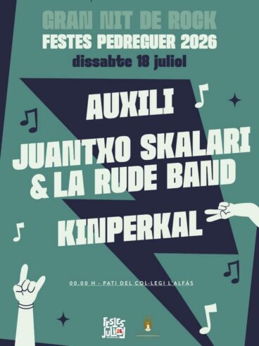 Cartel de la Gran Nit de Rock de las Festes de Pedreguer 2026 con Auxili, Juantxo Skalari y Kinperkal