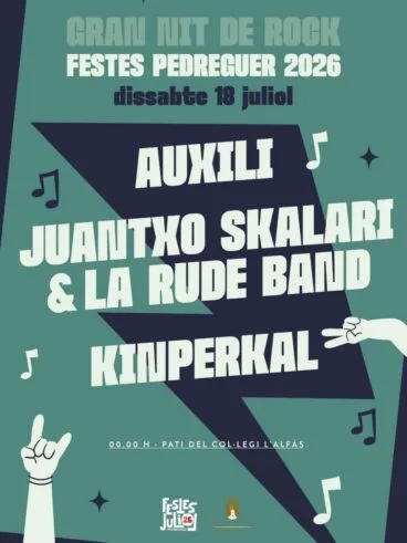 Cartel de la Gran Nit de Rock de las Festes de Pedreguer 2026 con Auxili, Juantxo Skalari y Kinperkal
