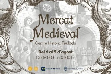 Cuatro días de espectáculos, artesanía y gastronomía en el Mercado Medieval de Teulada: programación completa 1 Cartel ilustrado con figuras medievales y texto 'Mercat Medieval Centre Històric Teulada'.