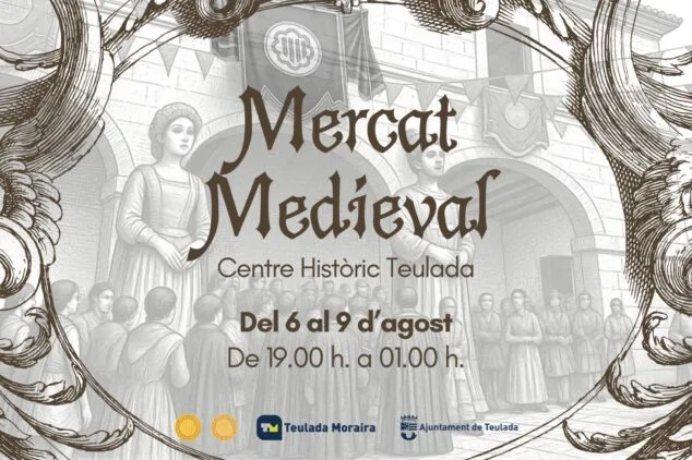 Cartel ilustrado con figuras medievales y texto 'Mercat Medieval Centre Històric Teulada'.