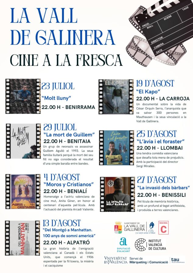 El ciclo 'Cinema a la Fresca' de la Vall de Gallinera centra su programación en la memoria histórica 1 Imagen: Cartel informativo con el programa del ciclo de cine al aire libre 'Cinema a la Fresca' en La Vall de Gallinera, verano de 2026.