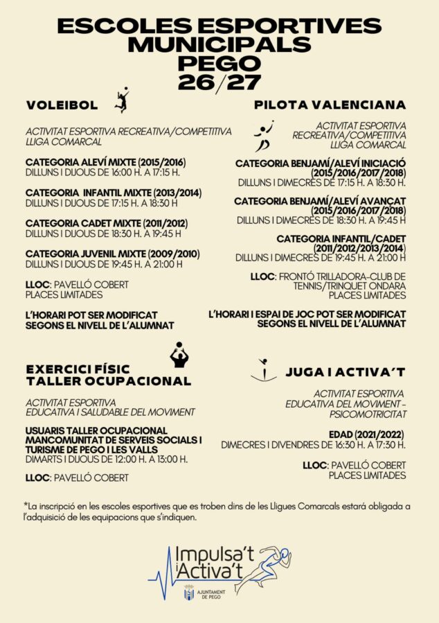 Pego lanza «Impulsa't i Activa't», una renovada oferta deportiva para la temporada 2026/2027 4 Cartel con horarios y actividades de las escuelas deportivas de Pego.