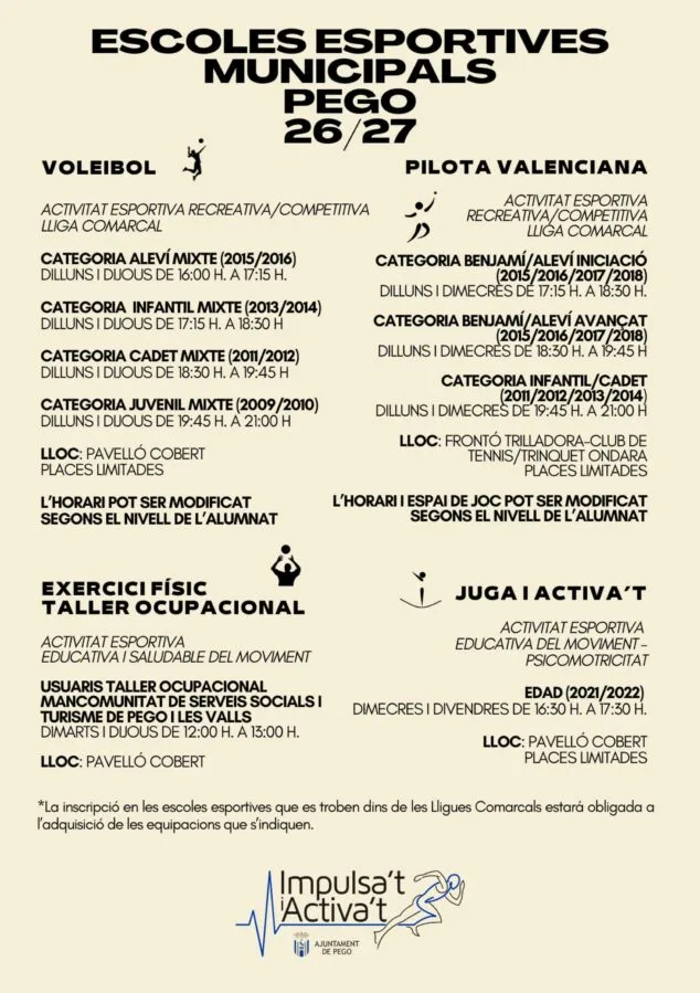 Cartel con horarios y actividades de las escuelas deportivas de Pego.