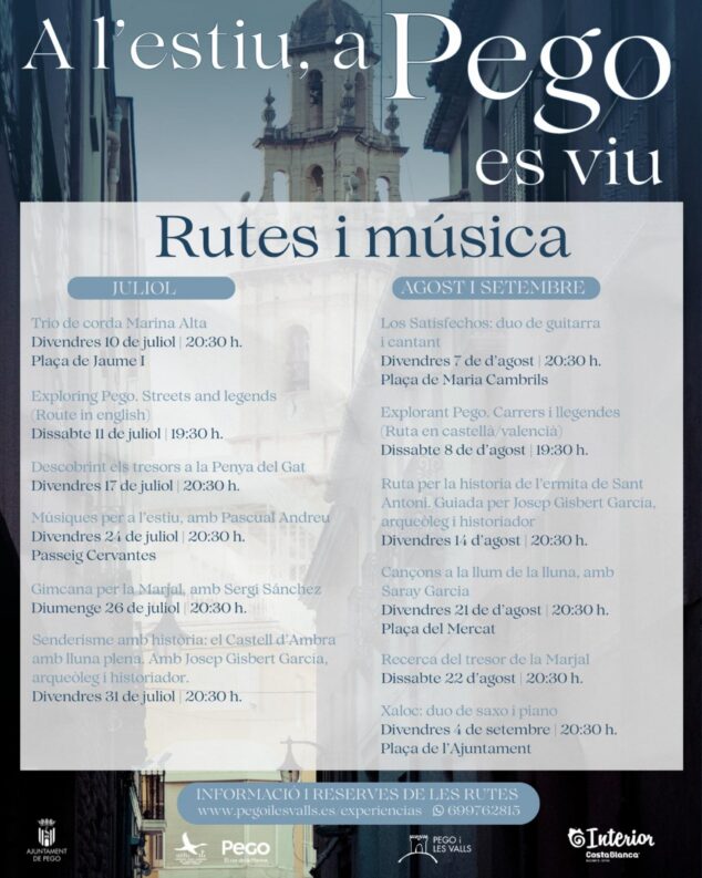 Explorar Pego como nunca: las rutas y conciertos para el verano 2026 2 Imagen: Cartel informativo con el calendario de rutas y conciertos de verano en Pego para julio, agosto y septiembre.