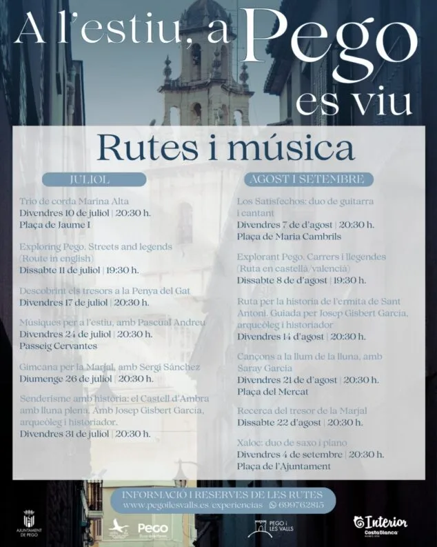 Image: Information poster with the calendar of routes and summer concerts in Pego for July, August and September.