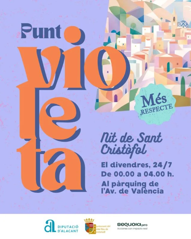 Imagen: Cartel informativo del Punt Violeta en El Poble Nou de Benitatxell para la noche del 24 de julio, con ubicación y horarios.