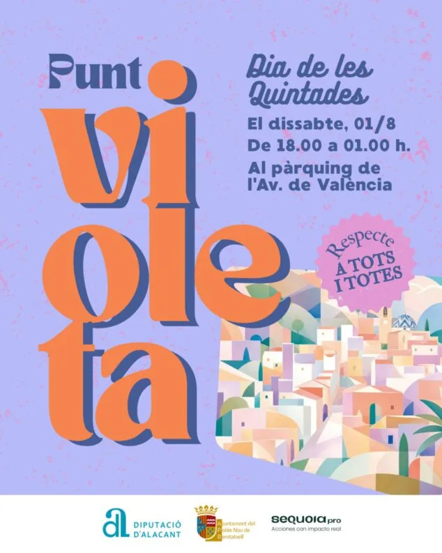 Imagen: Cartel violeta y naranja anunciando el 'Punt Violeta' para el 'Dia de les Quintades' el sábado 01/8 en Benitatxell, con el lema 'Respecte a tots i totes' y logotipos institucionales.
