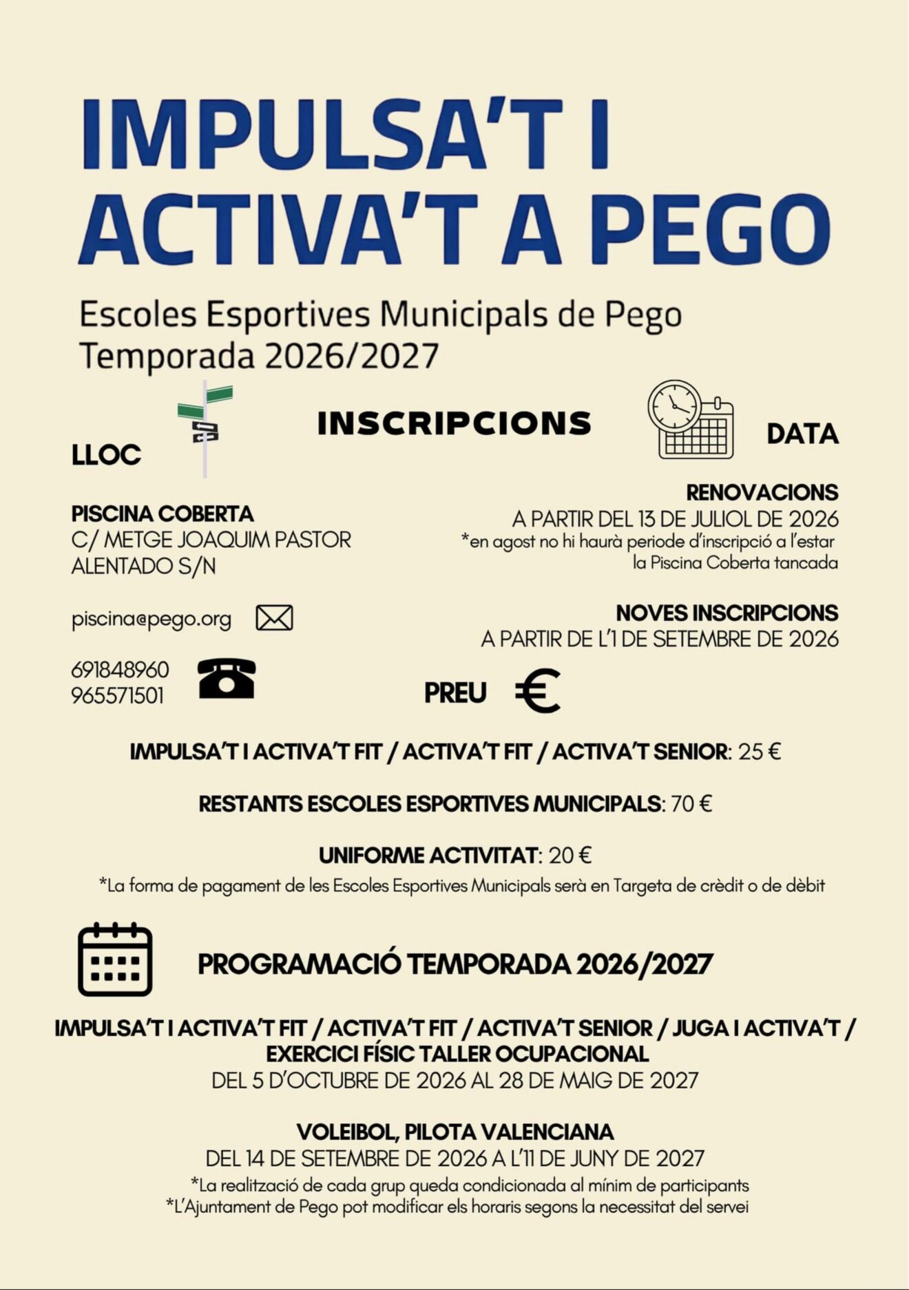 Cartell informatiu de la nova temporada esportiva a Pego