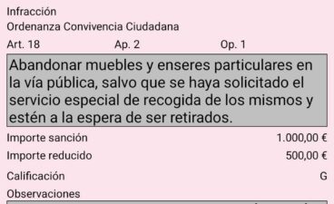 Detalle de la sanción de 1.000€ por abandono de muebles en Teulada