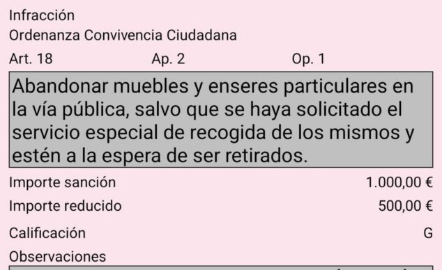 Imagen: Extracto de la Ordenanza de Convivencia Ciudadana de Teulada mostrando la sanción de 1.000€ por abandono de muebles.