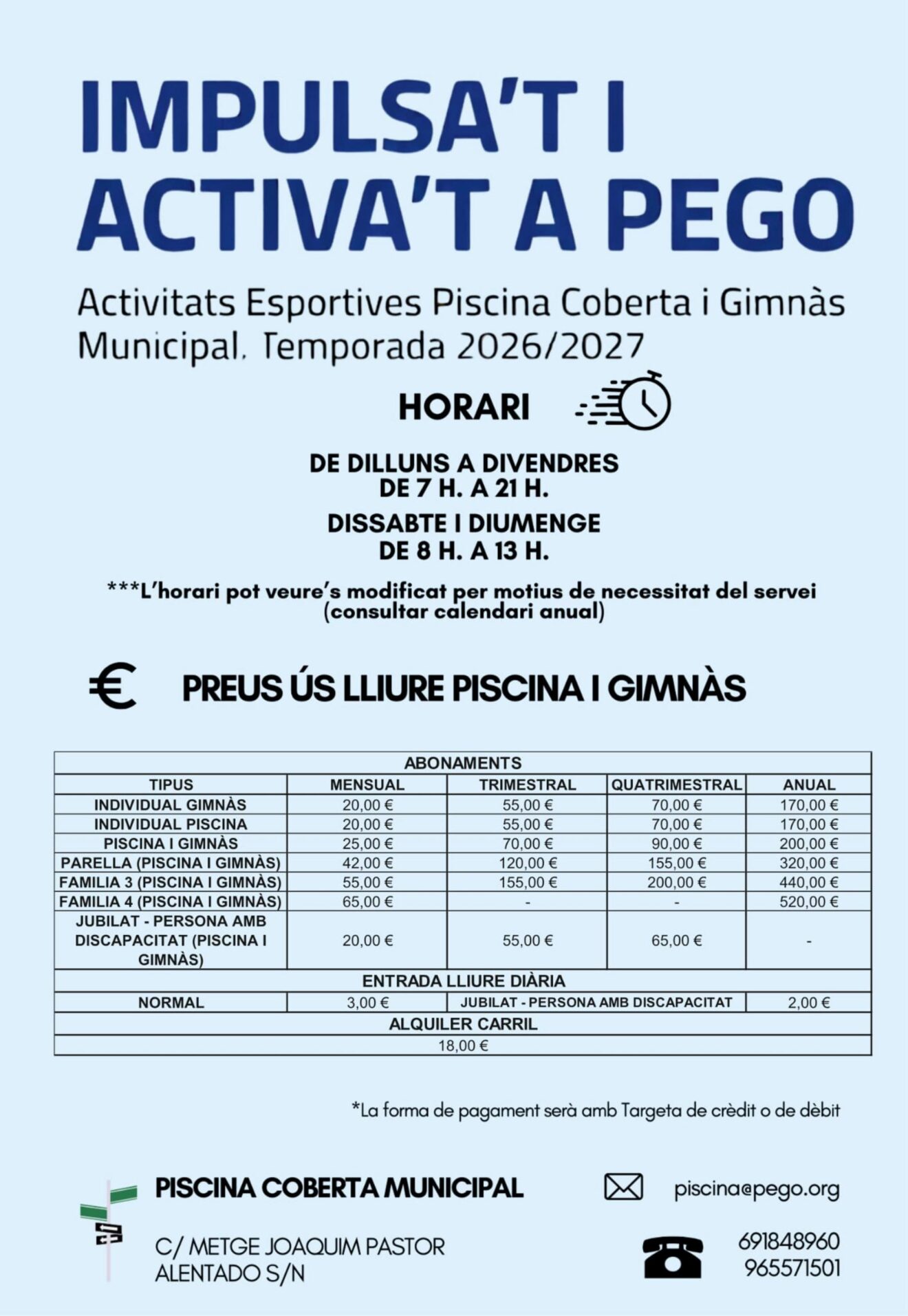 Folleto informativo de actividades deportivas 'Impulsa't i Activa't a Pego' 2026/2027