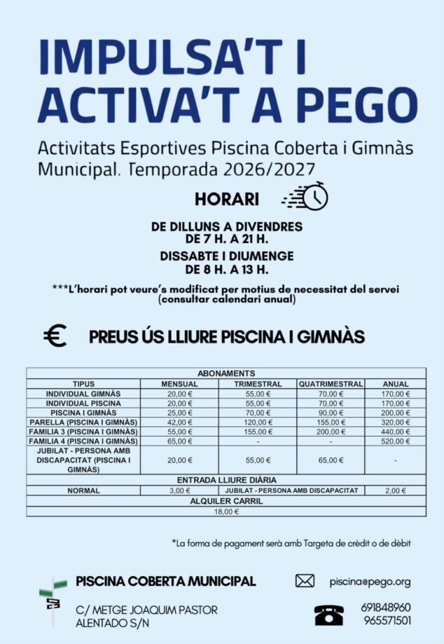 Pego lanza «Impulsa't i Activa't», una renovada oferta deportiva para la temporada 2026/2027 7 Folleto de actividades y precios de 'Impulsa't i Activa't a Pego' 2026/2027