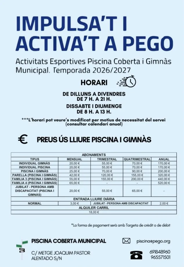 Folleto de actividades y precios de 'Impulsa't i Activa't a Pego' 2026/2027