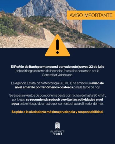Aviso cierre Peñón Ifach y alerta costera Calp