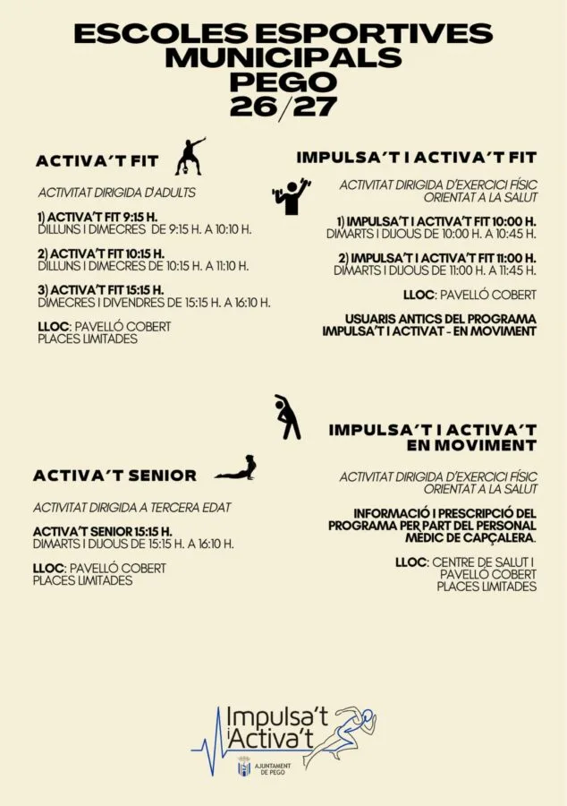 Cartell informatiu amb els horaris, llocs i grups dels programes 'Activa't Fit', 'Activa't Senior' i 'Impulsa't i Activa't' de Pego.