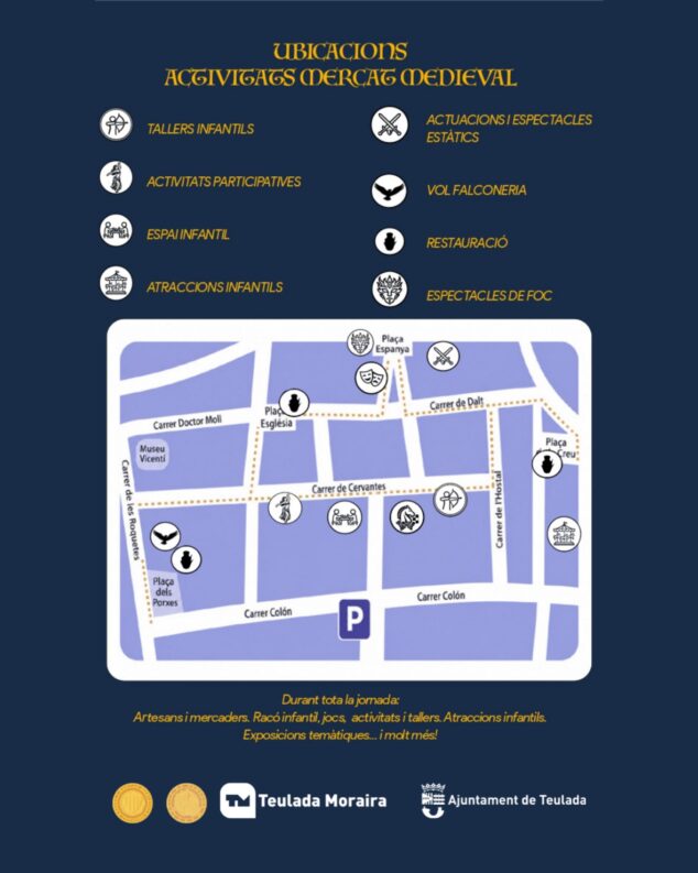 Cuatro días de espectáculos, artesanía y gastronomía en el Mercado Medieval de Teulada: programación completa 2 Imagen: Plano de ubicaciones y actividades del Mercado Medieval de Teulada.