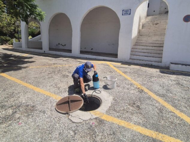 Imagen: Un operario municipal realiza tareas de mantenimiento o tratamiento en una alcantarilla abierta en una calle.