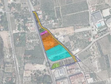 Plano aéreo del desarrollo urbanístico PAI Sector 9A en Ondara.