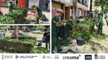 El Taller de Empleo de Creama lleva sus prácticas de jardinería a Calp 5 Collage de imágenes que muestra a alumnos del Taller de Empleo de Creama realizando trabajos de poda y limpieza en jardines de Calp, con logotipos institucionales al pie.