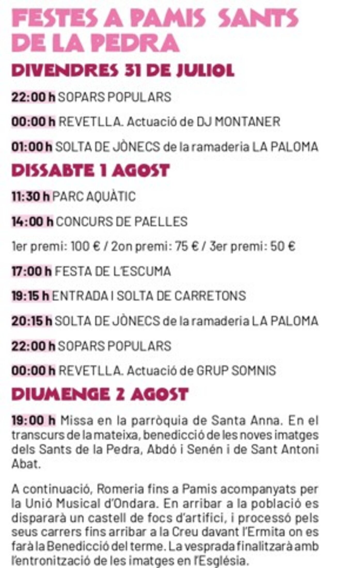 Programa de actos Festes Sants de la Pedra a Pamis