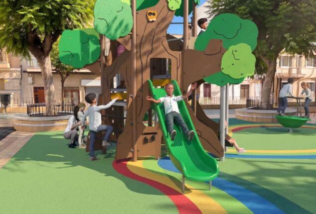 Calp invertirá 114.829 euros en la remodelación del parque Arco Iris 1 Imagen: Render del nuevo parque infantil Arco Iris en Calp, mostrando una estructura multijuego central con forma de árbol, toboganes y suelo de goma de colores con niños jugando.