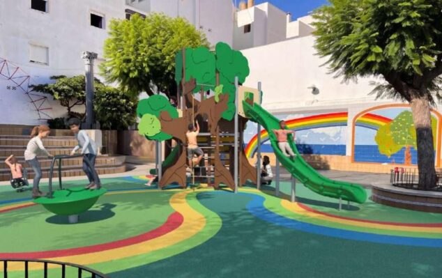 Calp invertirá 114.829 euros en la remodelación del parque Arco Iris 3 Imagen: Render del nuevo parque infantil Arco Iris en Calp con juegos y suelo de colores