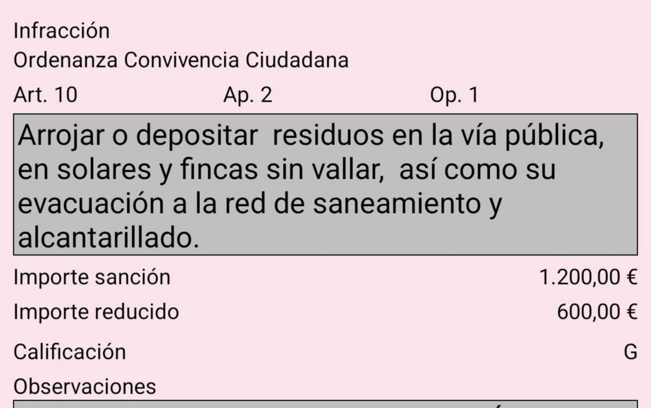 Detalle de la sanción por vertidos ilegales en Teulada