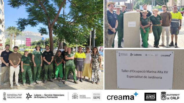 Imagen: Collage de fotos del alumnado y autoridades en el taller de empleo de jardinería en Calp, junto con logotipos institucionales.