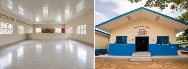 Imagen: A la derecha, la fachada impecable de la nueva biblioteca escolar; a la izquierda, el interior diáfano y listo para llenarse de libros