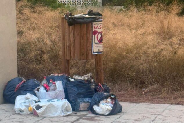 Imagen: Papelera pública de madera desbordada con varias bolsas de basura negras y residuos esparcidos por el suelo a su alrededor en un entorno de vegetación seca.