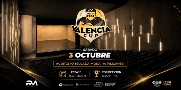 Imagen: Cartel anunciador del evento de culturismo Valencia Cup Muscle Fest con fecha 3 de octubre en el Auditorio Teulada-Moraira y logos de IFBB y NPC.