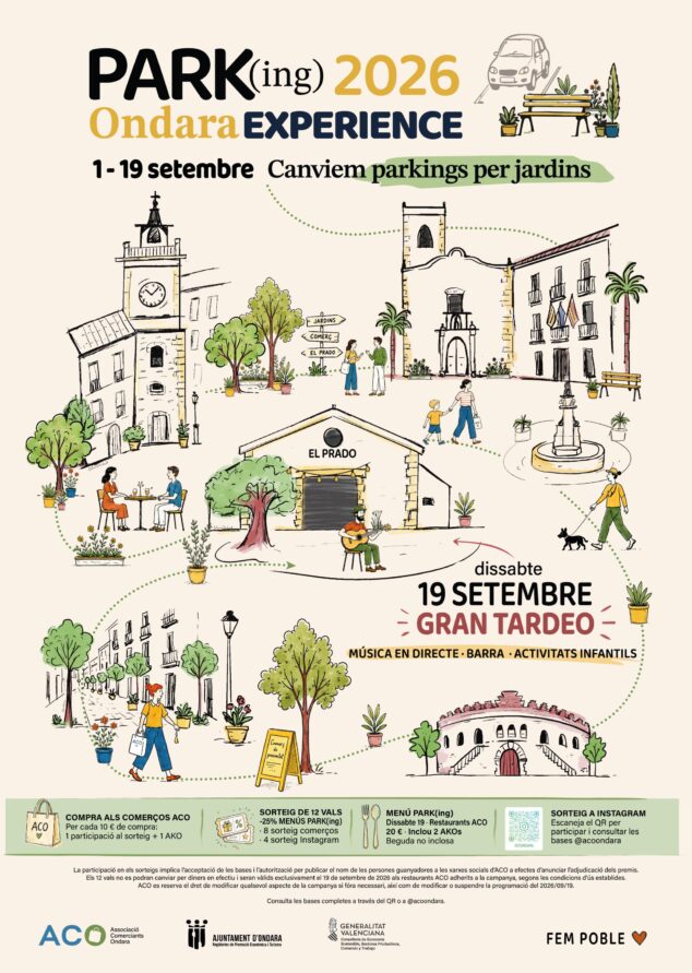 «Cambiemos los aparcamientos por jardines»: la iniciativa del comercio local de Ondara 4 Imagen: Cartel ilustrado del evento PARK(ing) Ondara Experience 2026 con detalles de actividades y fechas.