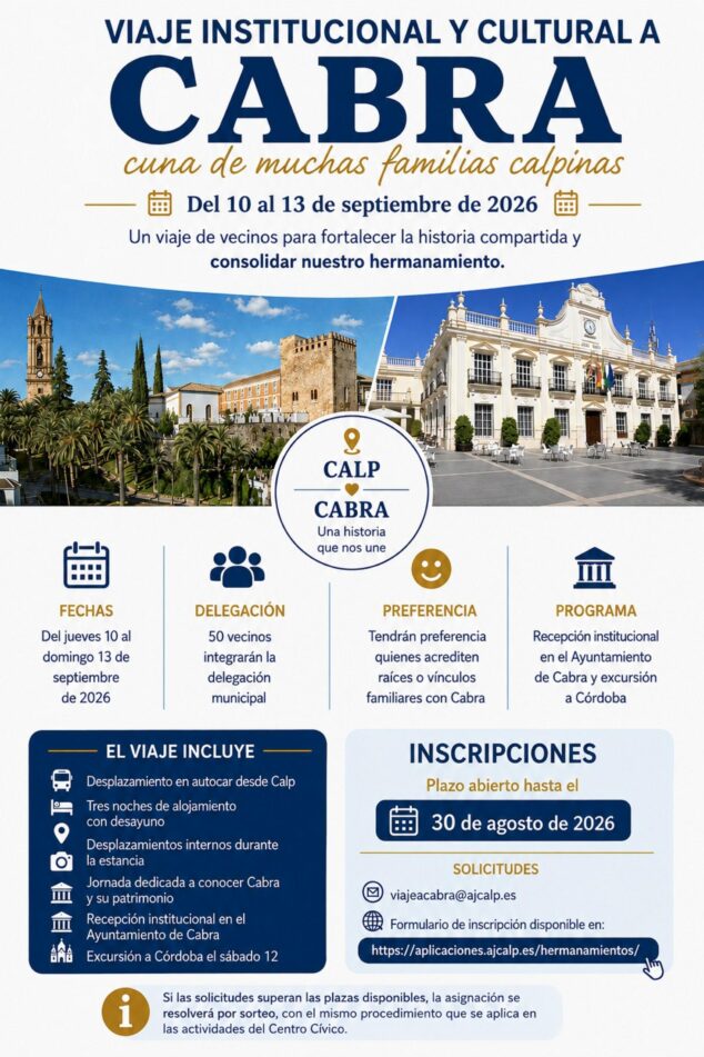 Calp busca a 50 vecinos para un viaje institucional a Cabra en septiembre 1 Imagen: Cartel del viaje de Calp a Cabra con fechas, requisitos y programa de actividades.