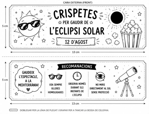 El «Kit de supervivencia» que convierte el eclipse de 2026 en una aventura en Benitatxell 6 Imagen: Plantilla gráfica en blanco y negro para una bolsa de palomitas con ilustraciones y texto en catalán sobre el eclipse solar del 12 de agosto y normas de seguridad.