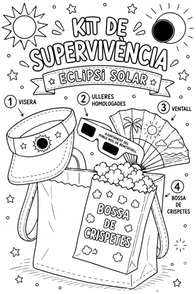 El «Kit de supervivencia» que convierte el eclipse de 2026 en una aventura en Benitatxell 3 Imagen: Ilustración en blanco y negro de un kit para ver un eclipse solar con visera, gafas homologadas, abanico y bolsa de palomitas.
