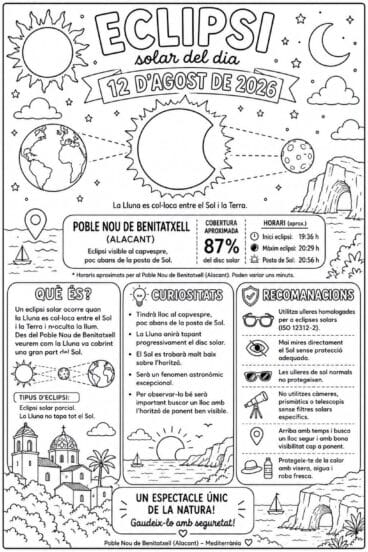 Infografía del eclipse solar del 12 de agosto de 2026 en Poble Nou de Benitatxell