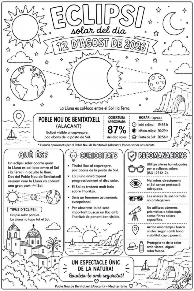 El «Kit de supervivencia» que convierte el eclipse de 2026 en una aventura en Benitatxell 5 Imagen: Infografía con detalles, horarios y recomendaciones de seguridad para observar el eclipse solar parcial del 12 de agosto de 2026 en Poble Nou de Benitatxell.