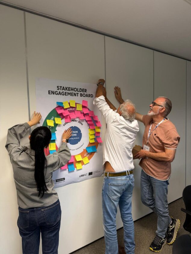 La MACMA se forma en la URBACT University 2026 en Irlanda para atraer población, talento y nuevas oportunidades a la comarca 2 Imagen: Tres personas colocan notas adhesivas de colores en un tablero grande titulado "STAKEHOLDER ENGAGEMENT BOARD" durante un taller.