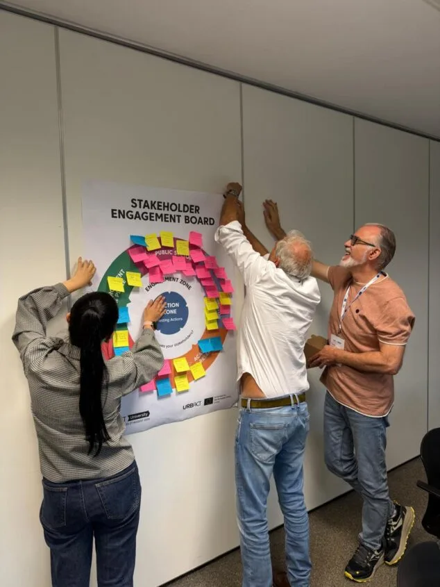 Imagen: Tres personas colocan notas adhesivas de colores en un tablero grande titulado "STAKEHOLDER ENGAGEMENT BOARD" durante un taller.