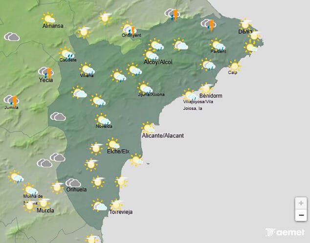 Imagen: Mapa de predicción de la AEMET en Alicante para el sábado 15 agosto 2026 a las 18.00 horas