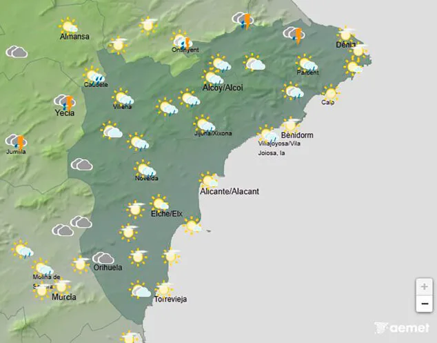 Imagen: Mapa de predicción de la AEMET en Alicante para el sábado 15 agosto 2026 a las 18.00 horas