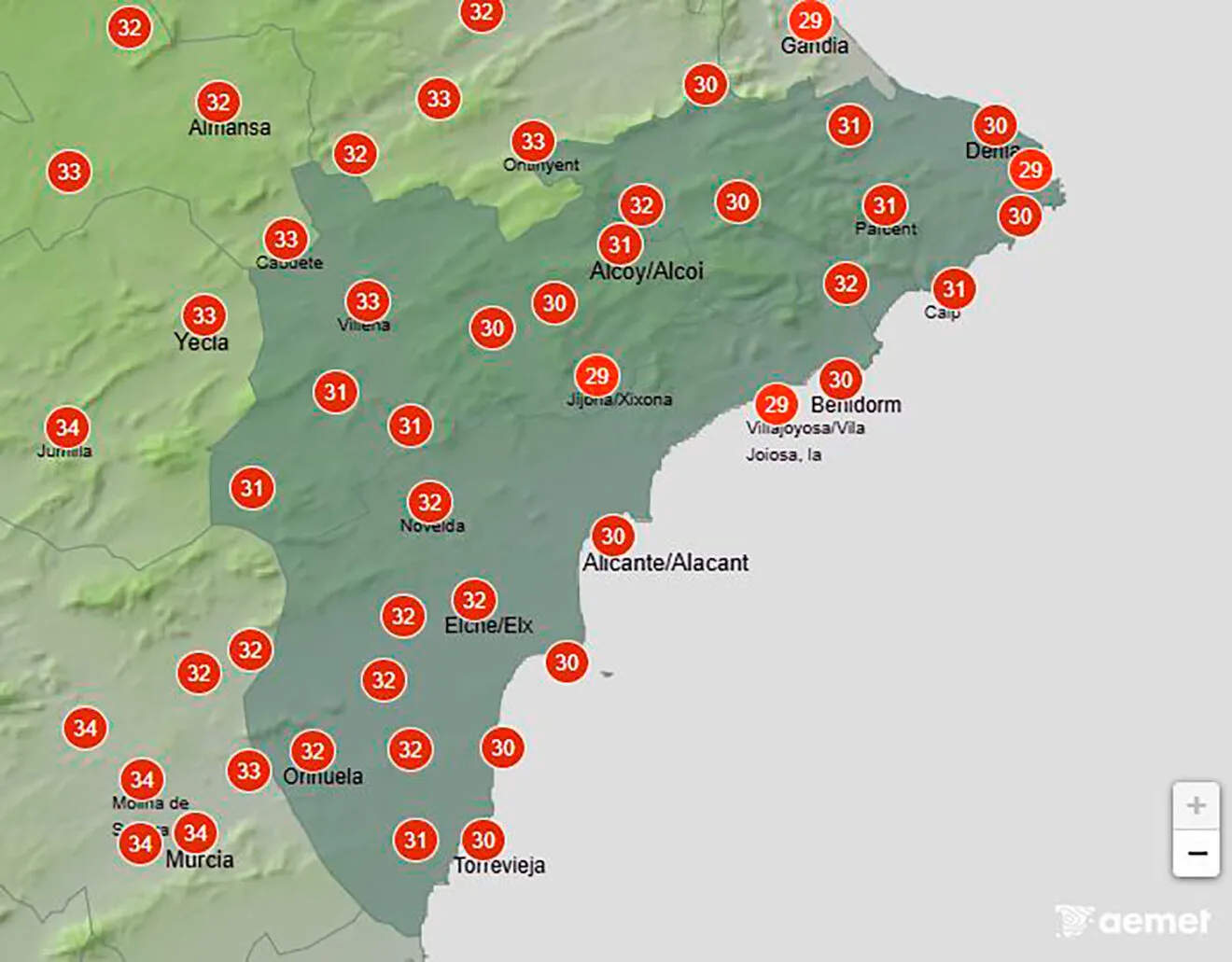 Mapa de temperaturas de la AEMET el miércoles 12 agosto 2026 en Alicante a las 19.00 horas