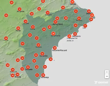 Mapa de temperaturas de la AEMET el miércoles 12 agosto 2026 en Alicante a las 19.00 horas